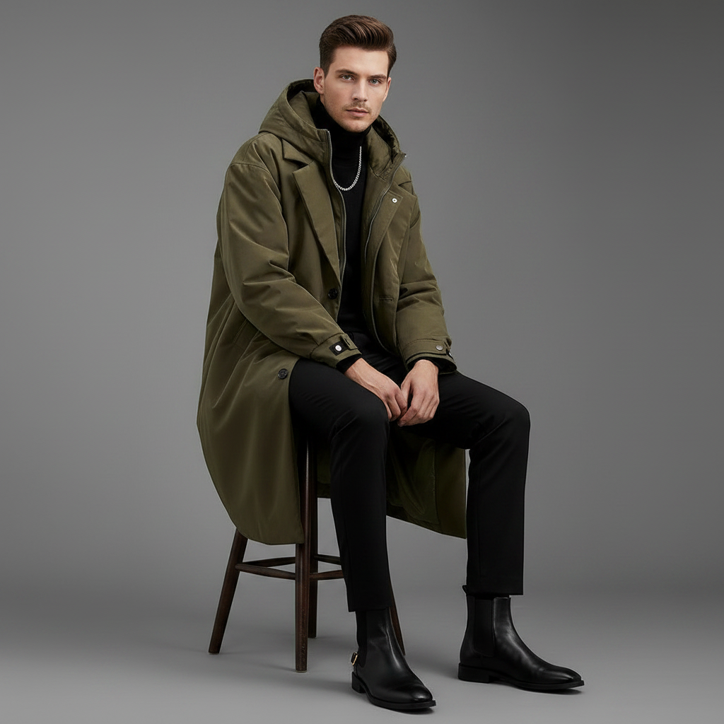 Men's Waterproof Puffer Trench Coat with Hood | Outerwear